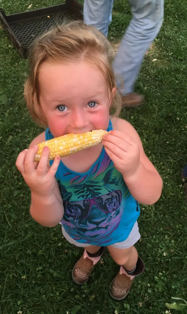 A young fairgoer taking a big bite of roasted sweet corn